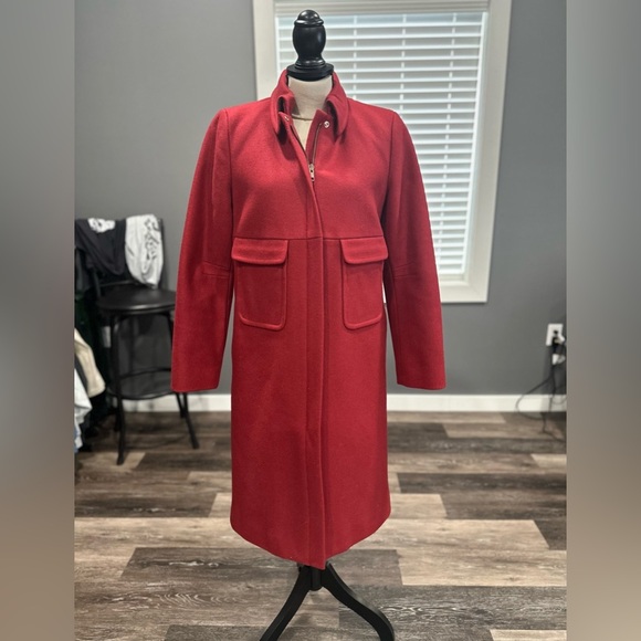J Crew Jacket Women’s Small Maroon Wool Blend Long Pea Coat Trench Coat Zip - Picture 1 of 7